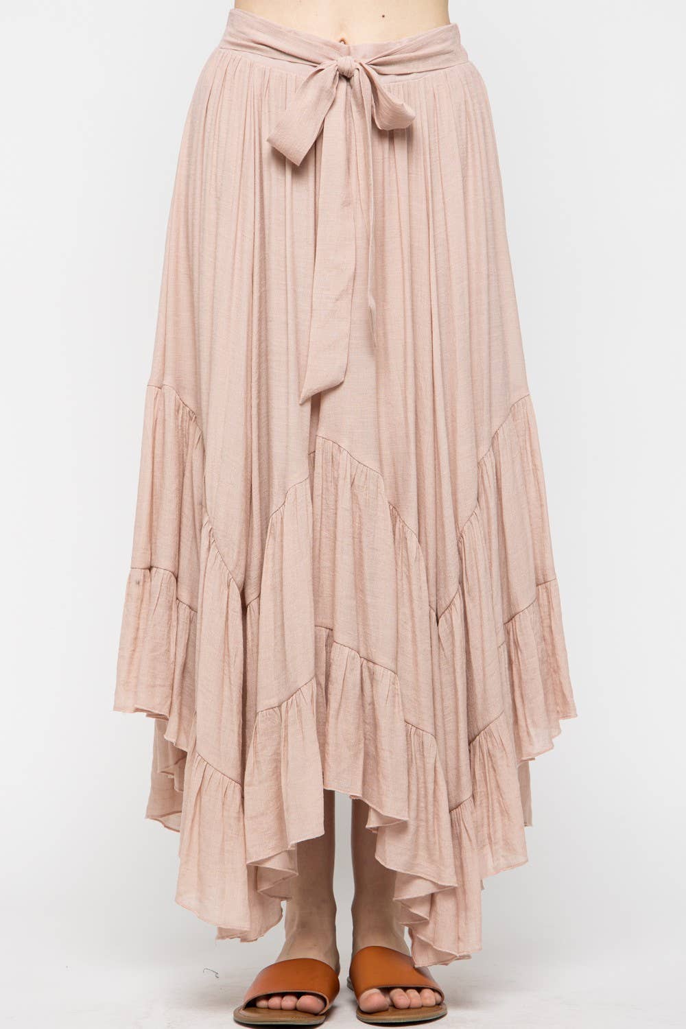 PEACH CREAM GAUZY SELF-TIE ELASTIC WAISTBAND MAXI SKIRT