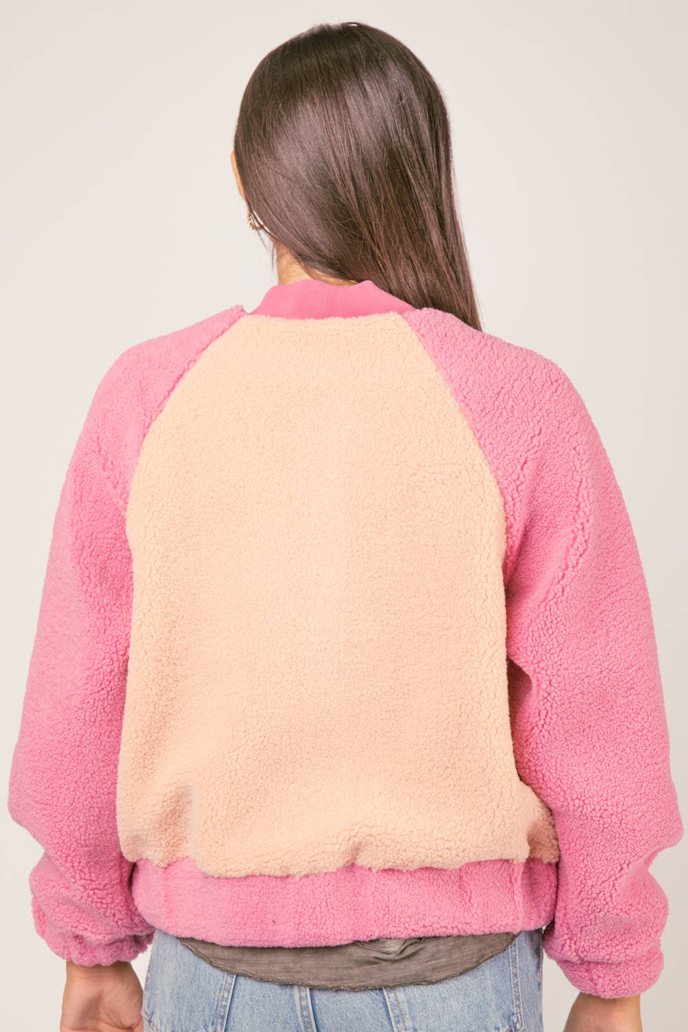 Raglan Sleeve Oversized Color Block Fleece Jacket