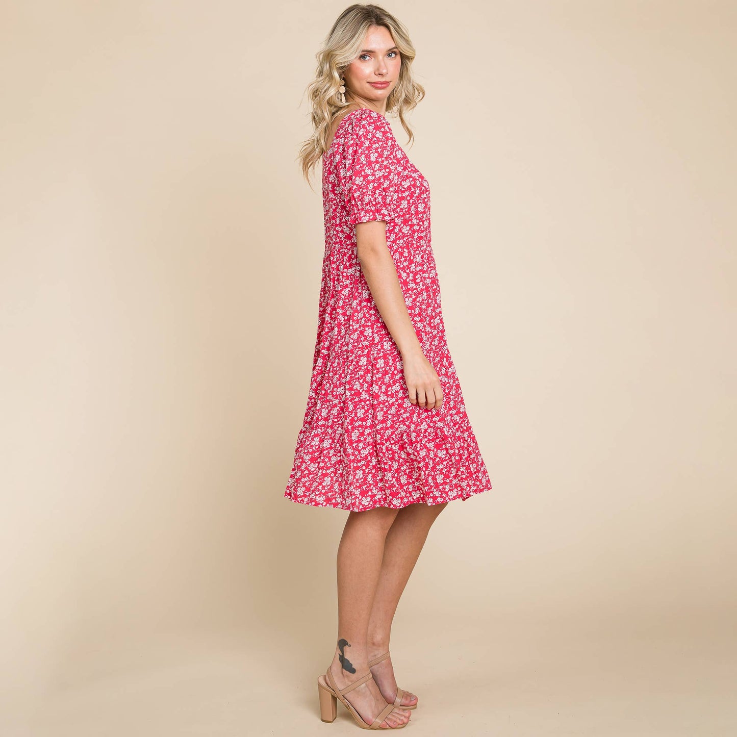 Floral Printed Square Neck Layered Dress