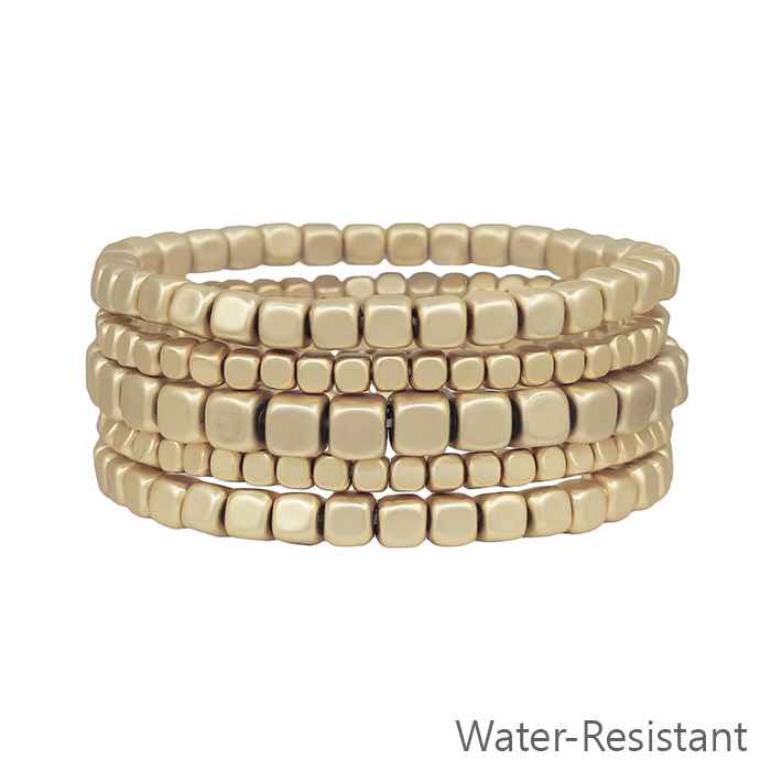 Set of 5 Matte Gold Square Beaded Stretch Bracelets