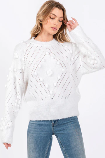 WHITE MOHAIR POM POM SWEATER