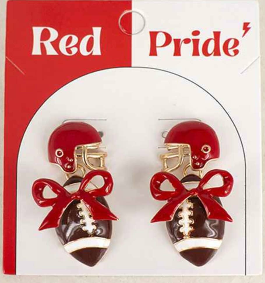 Red and White Gameday Bow and Football 1.75" Earring