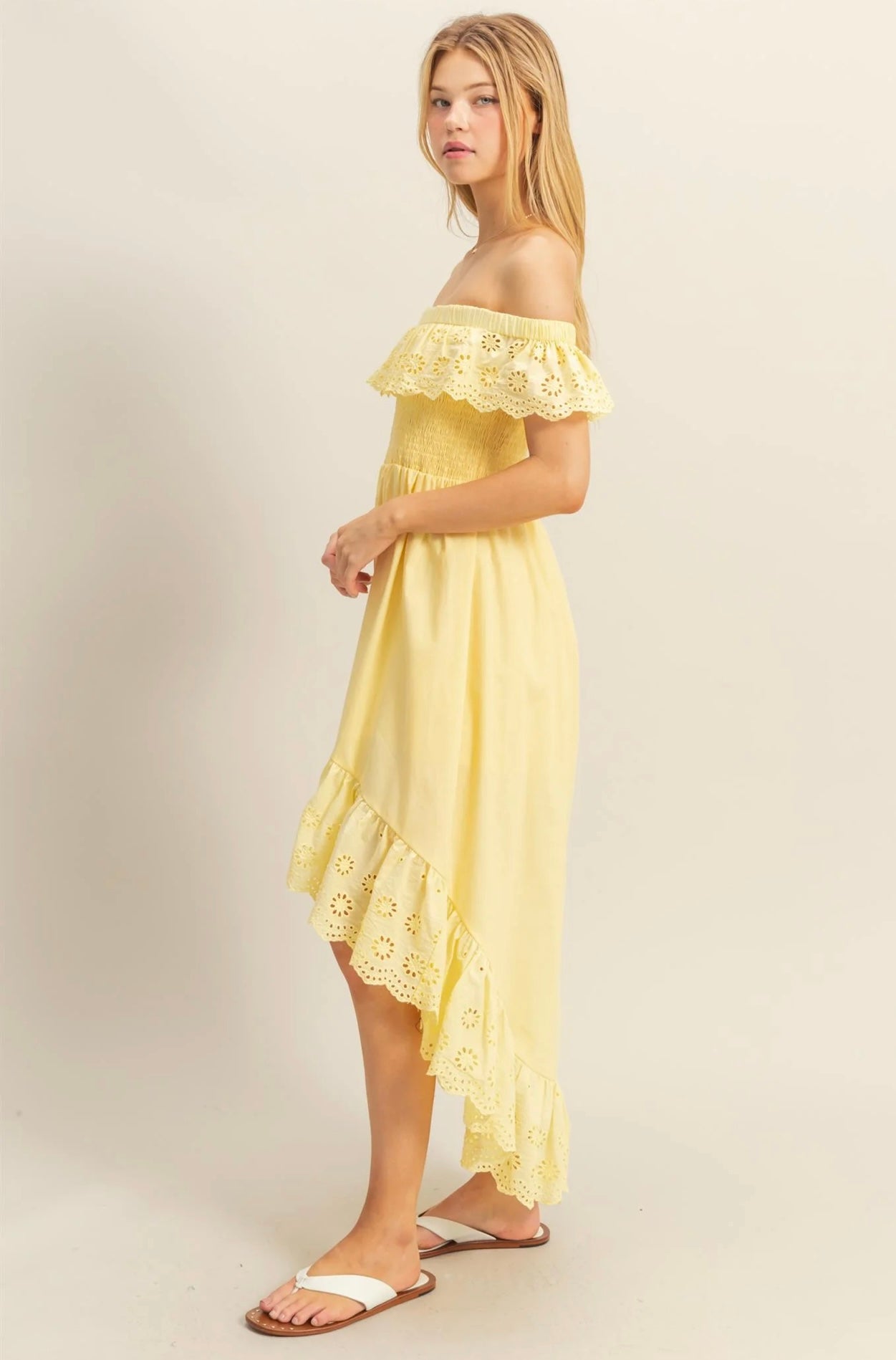 Smocked Bodice High-Low Hem Midi Dress