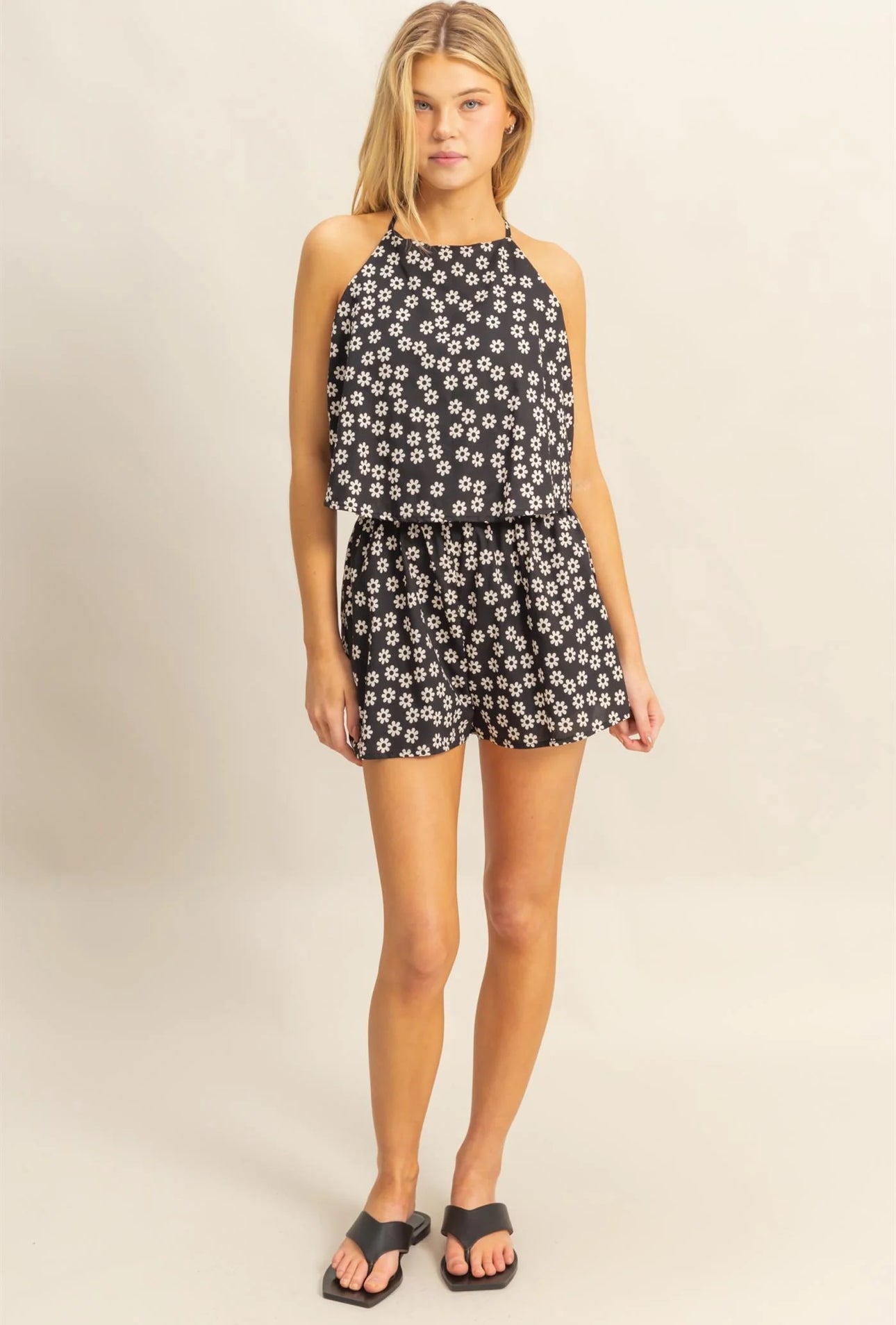 Ditsy Print Halter Neck Open Back Romper