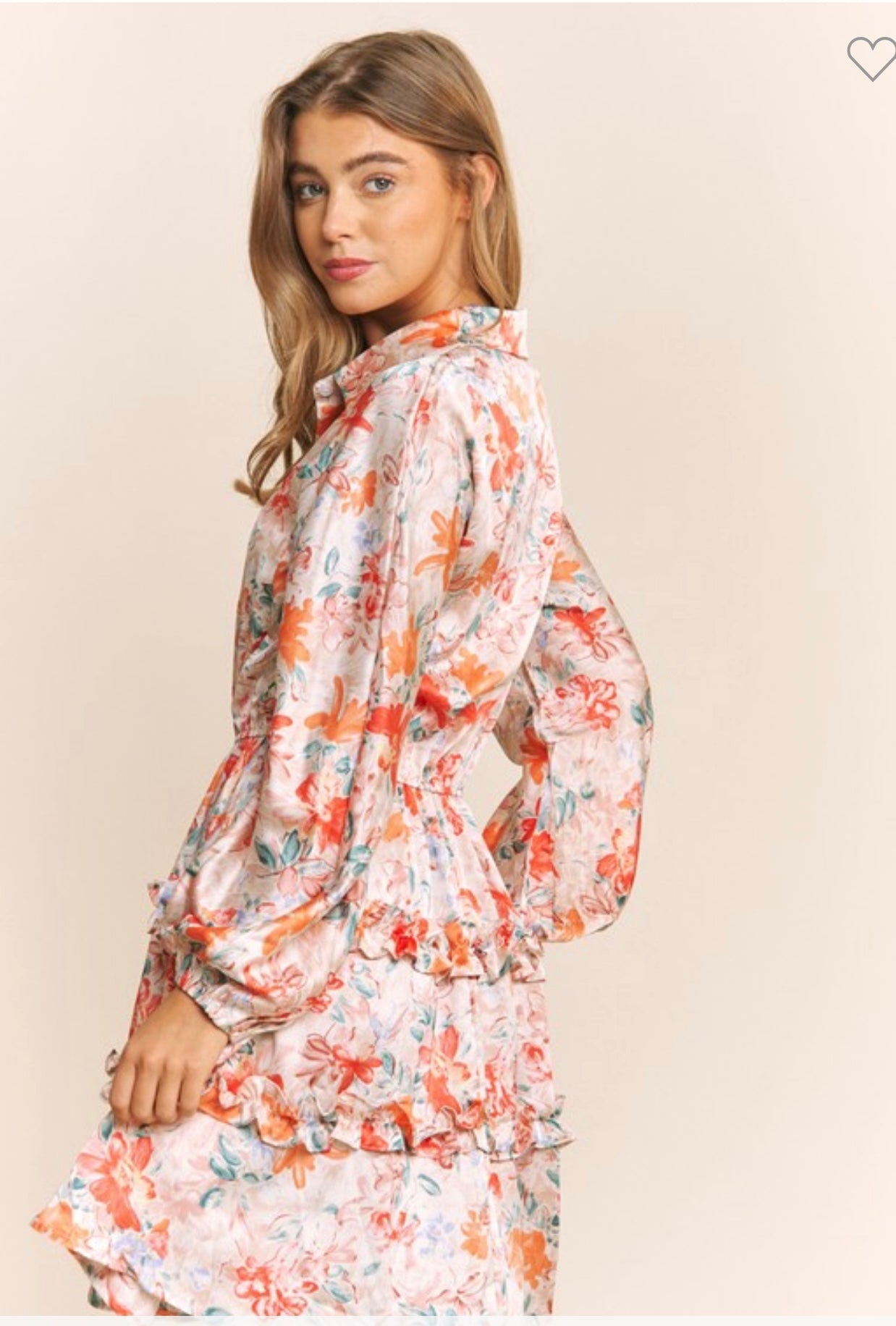 SATIN FLORAL PRINT LONG SLEEVE SHIRT DRESS