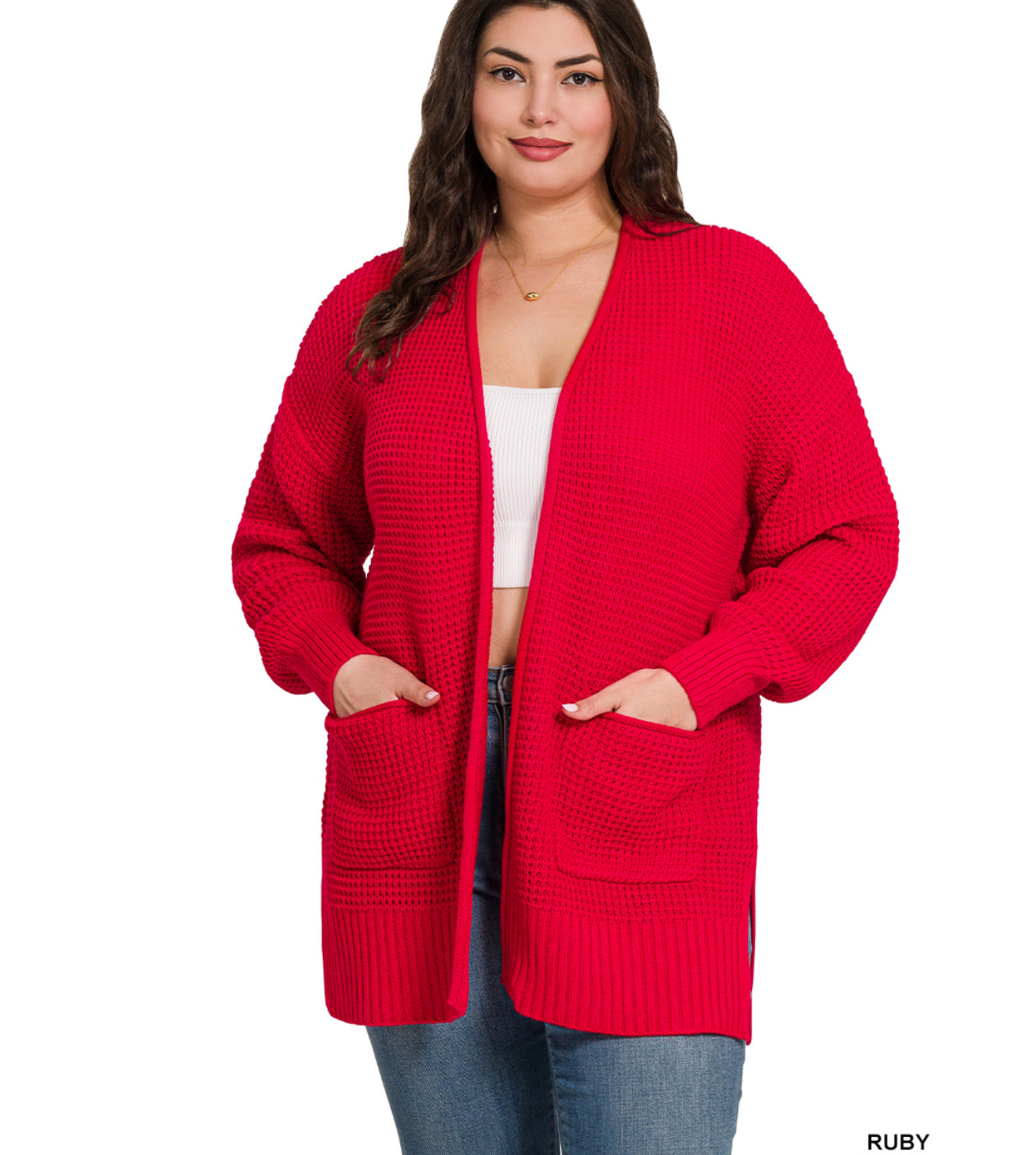 PLUS LOW GAUGE WAFFLE OPEN CARDIGAN SWEATER