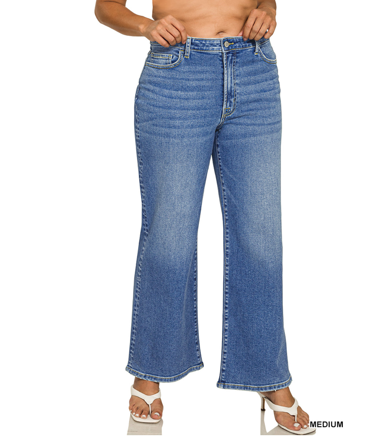 ZENANA PLUS MEDIUM WASH WIDE LEG DENIM JEANS