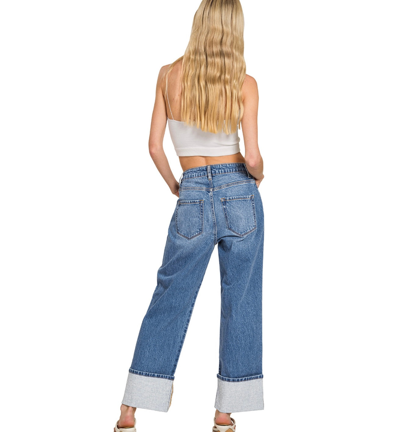 ZENANA HIGH RISE BIG CUFFED WIDE LEG DENIM JEANS