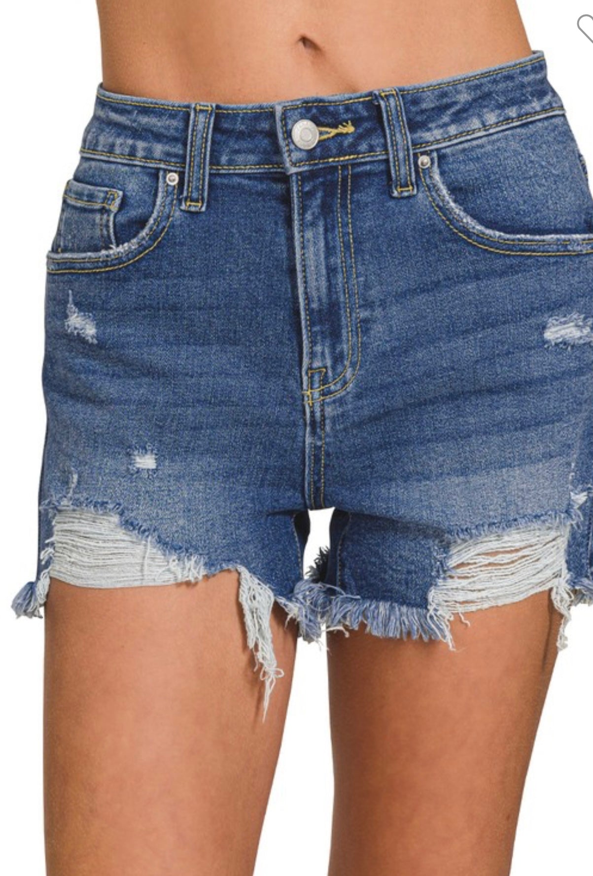 Zenana Dark Wash Distressed Denim Shorts