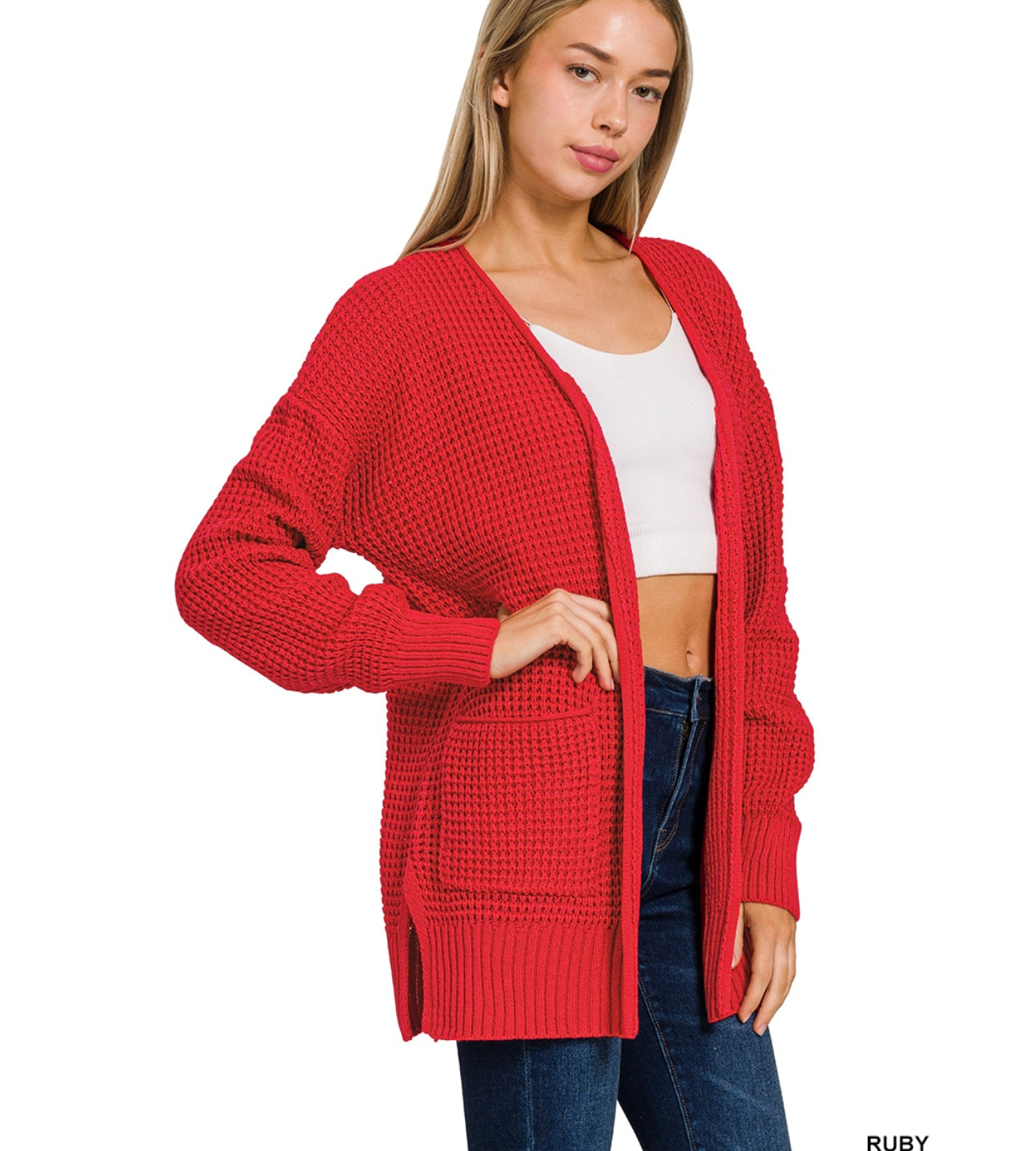 LOW GAUGE WAFFLE OPEN CARDIGAN SWEATER