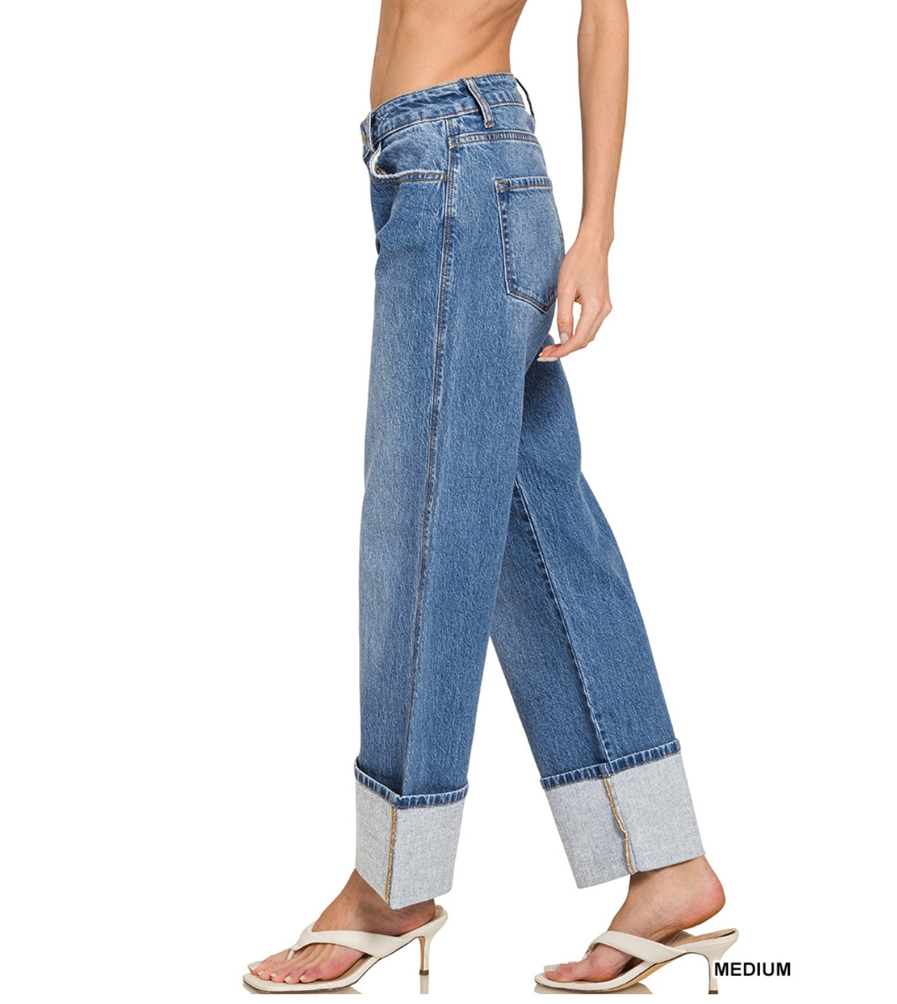 ZENANA HIGH RISE BIG CUFFED WIDE LEG DENIM JEANS