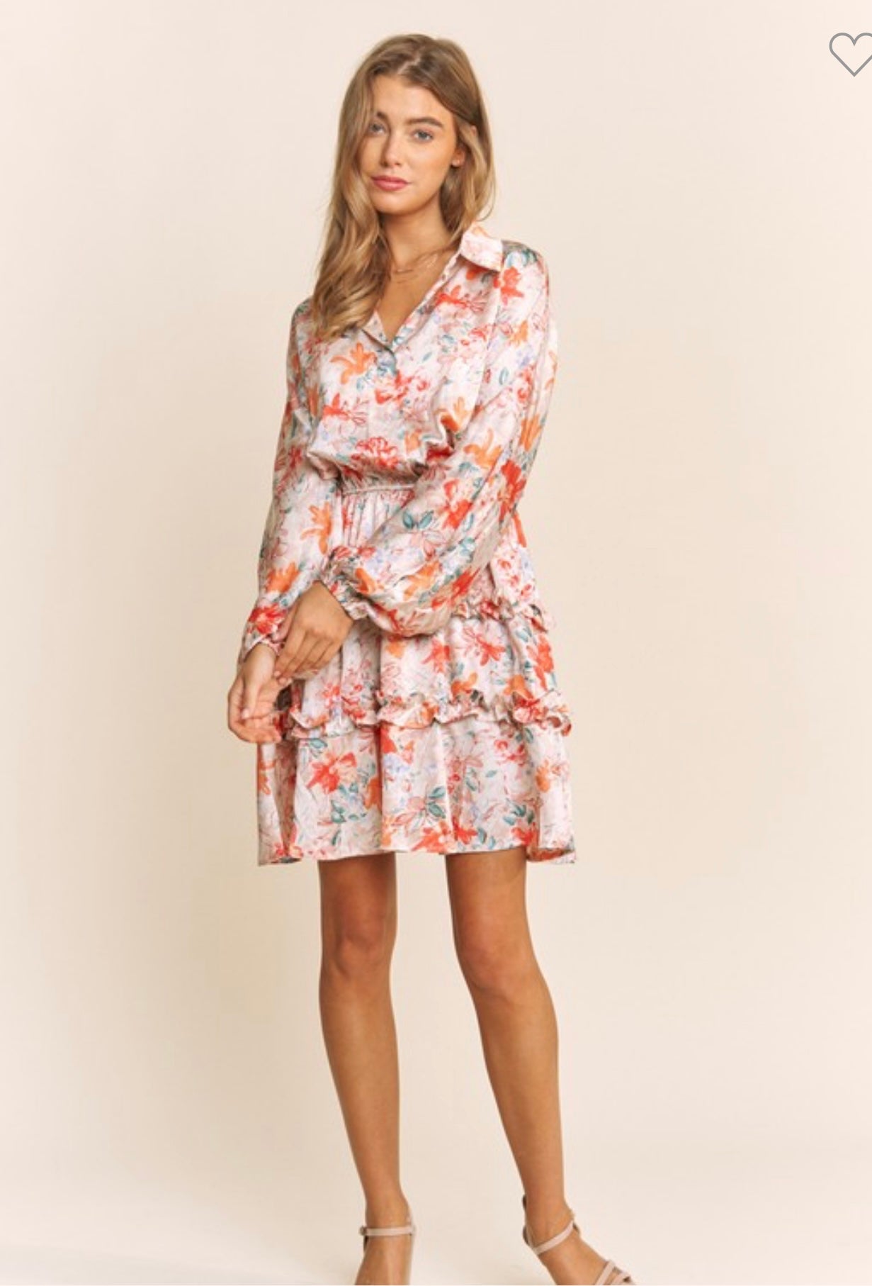 SATIN FLORAL PRINT LONG SLEEVE SHIRT DRESS