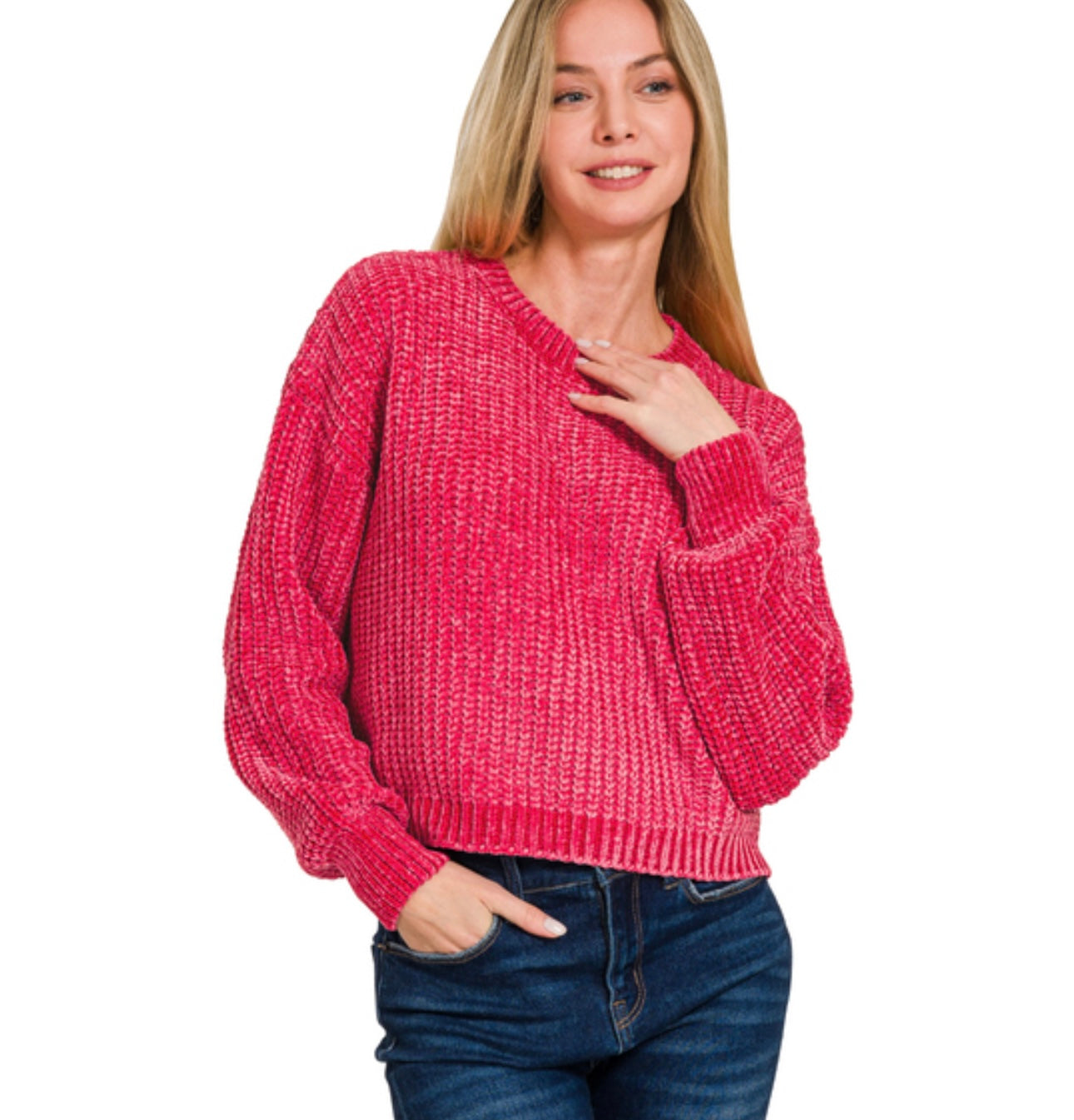 Chenille Round Neck Crop Sweater