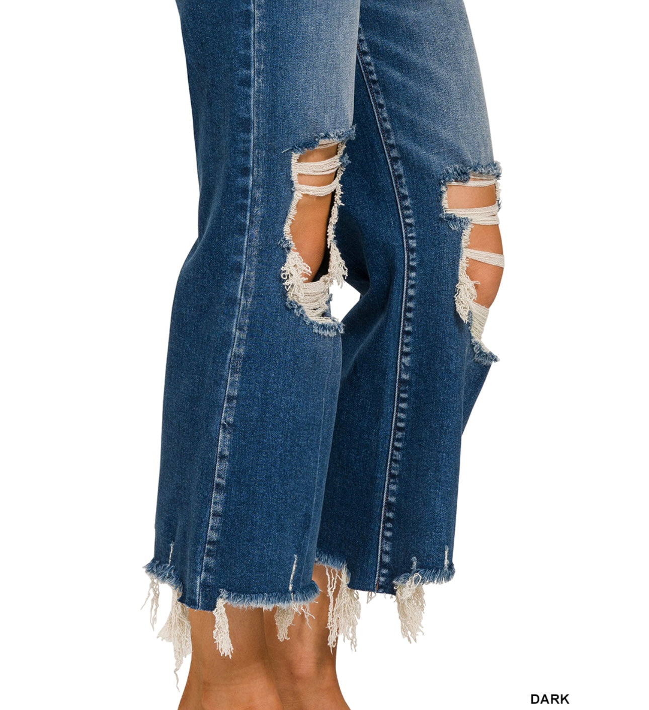 ZENANA DISTRESSED KNEE RAW FRAYED HEM CROPPED DENIM JEANS