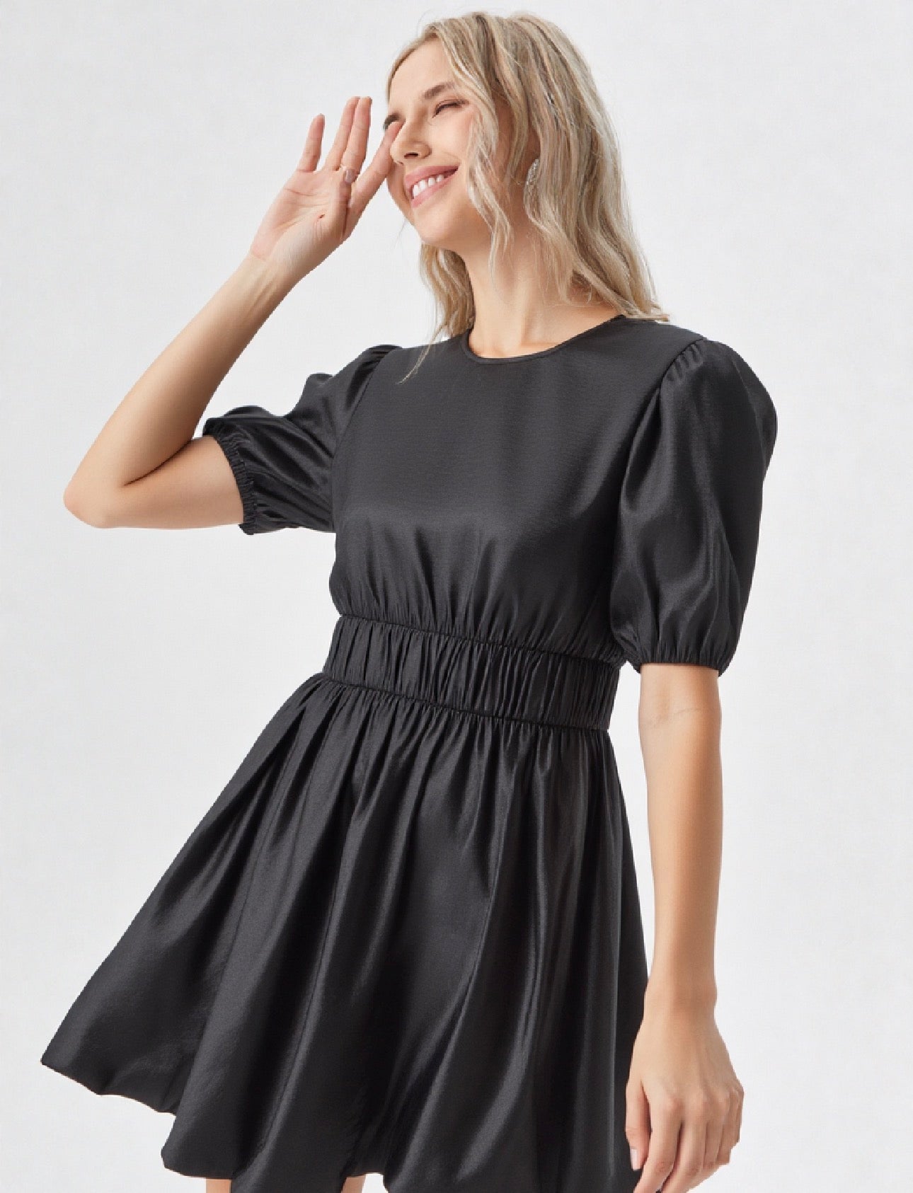 Puff Sleeve Bubble Hem Shiny Mini Dres