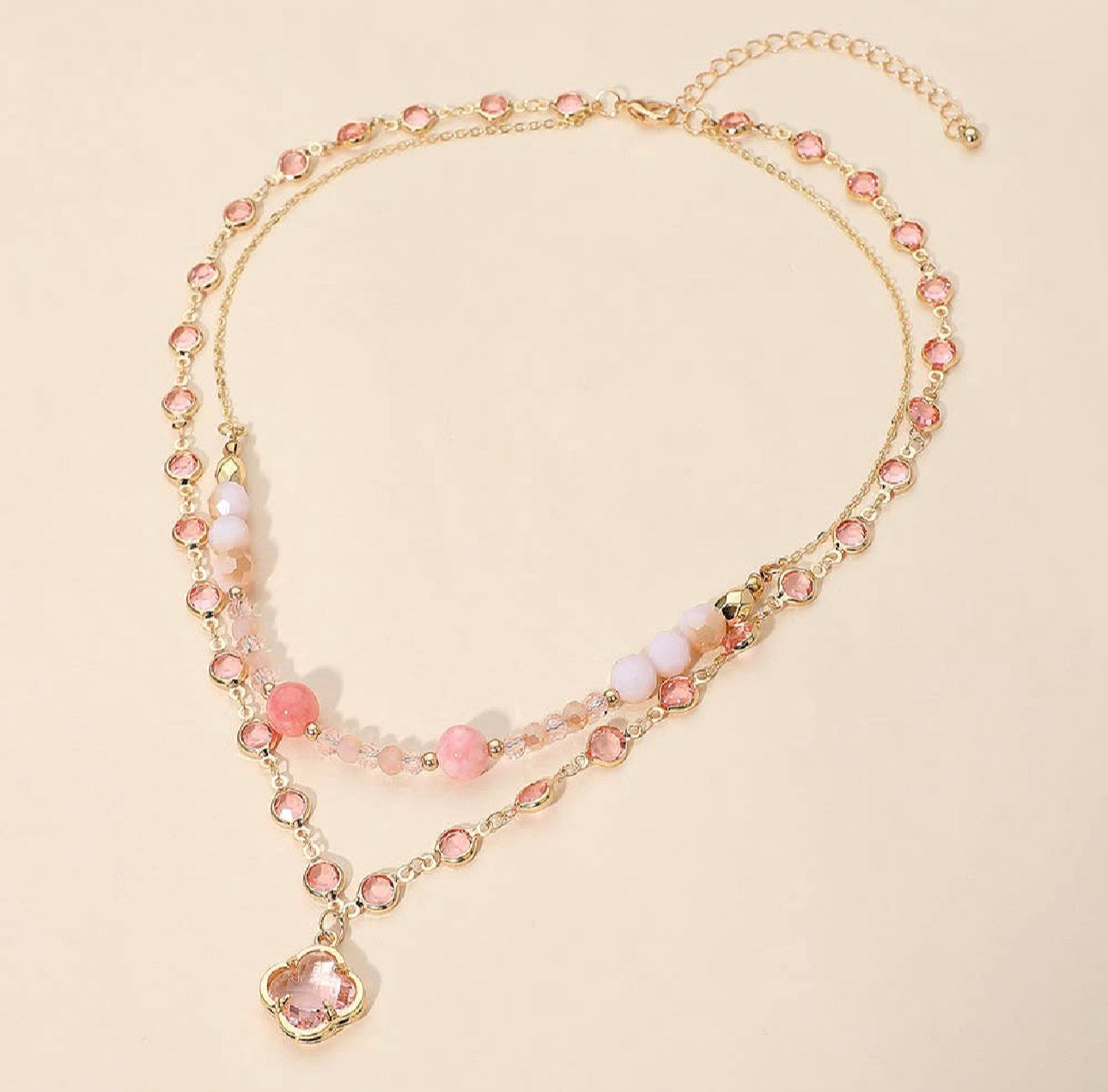 Quatrefoil Pendant Accent Dual Layer Beaded Necklace