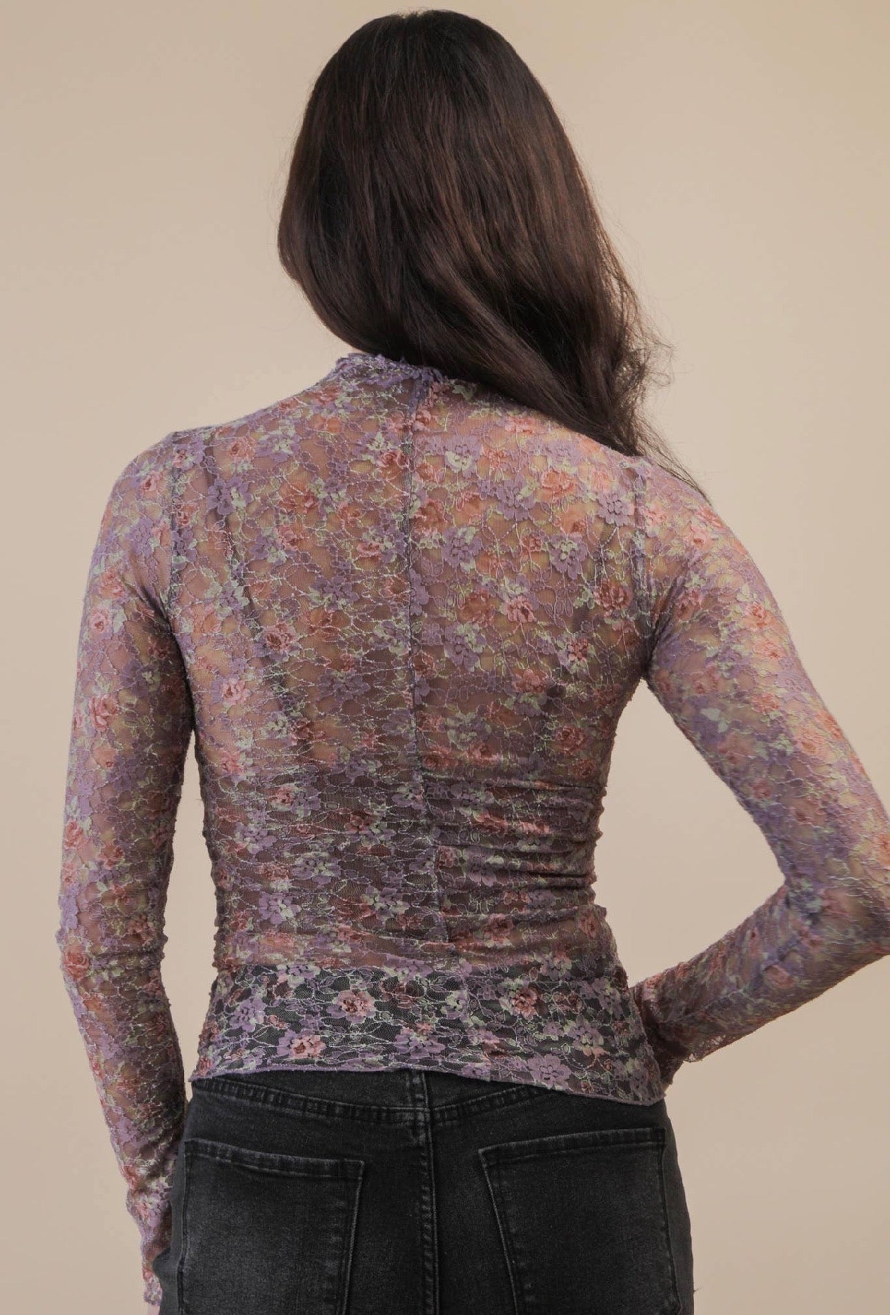 High Neck Fitted Sheer Mesh Lace Knit Top