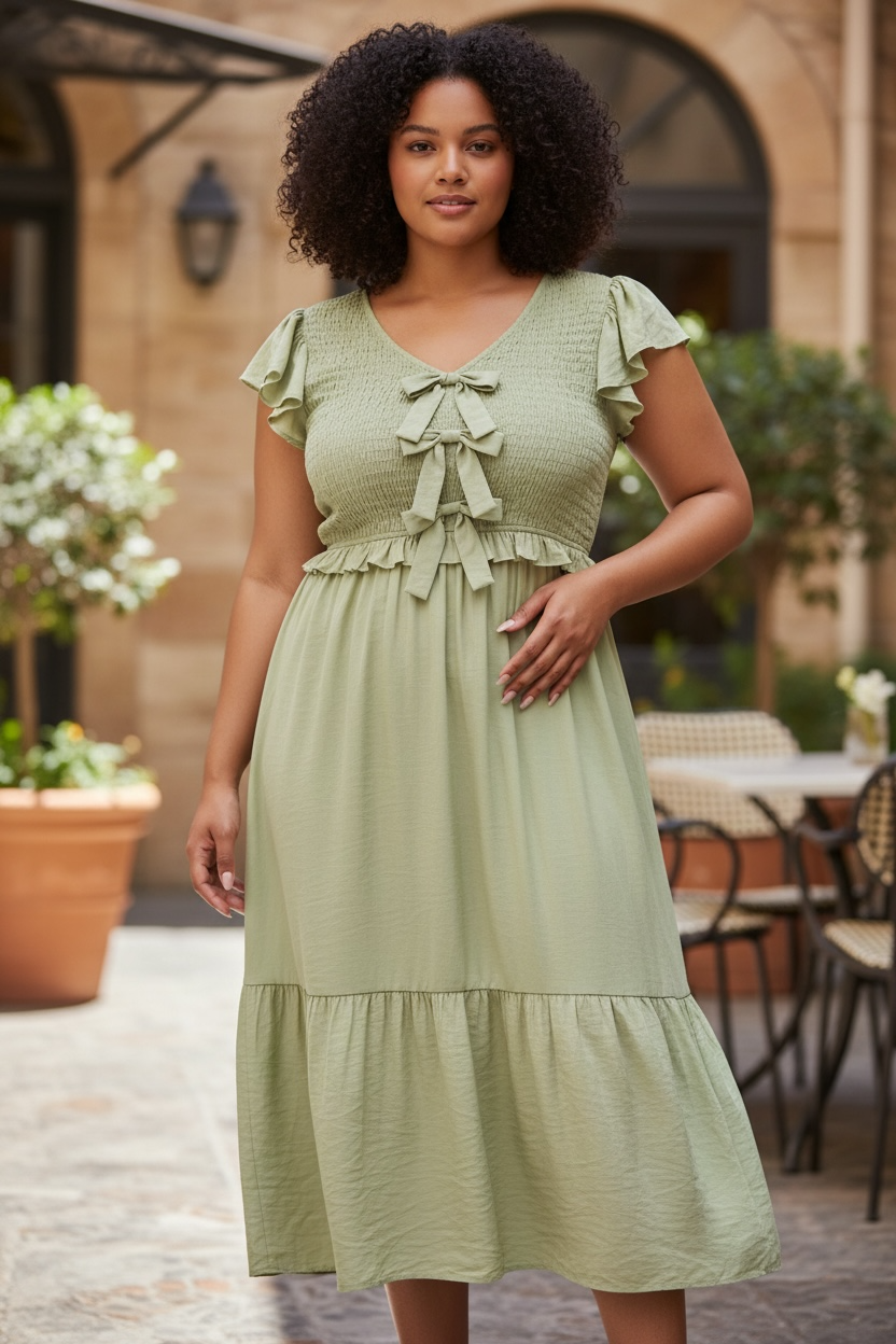 PLUS BOW DETAIL V NECK SMOCKED RUFFLED MIDI DRESS