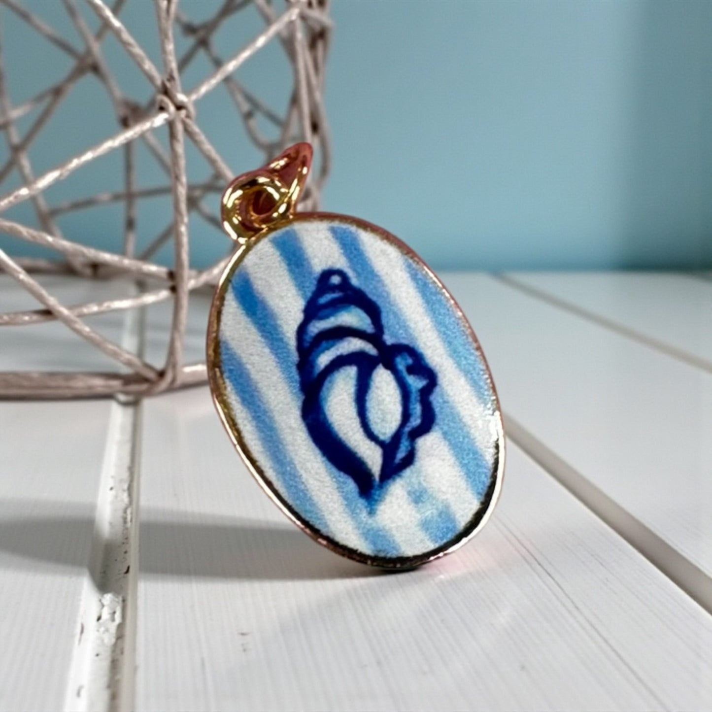 TCB Oval Blue Stripe Seashell Sweet and Cute Collection Charm