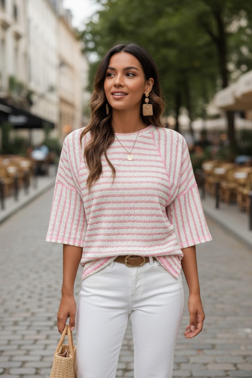 MDB Pink/White Stripe Textured Knit Split Hem Half Sleeve Top