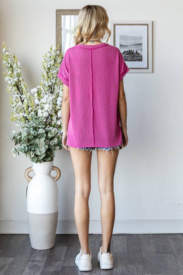 Rib Lace Contrast Banded Short Sleeve Top Magenta