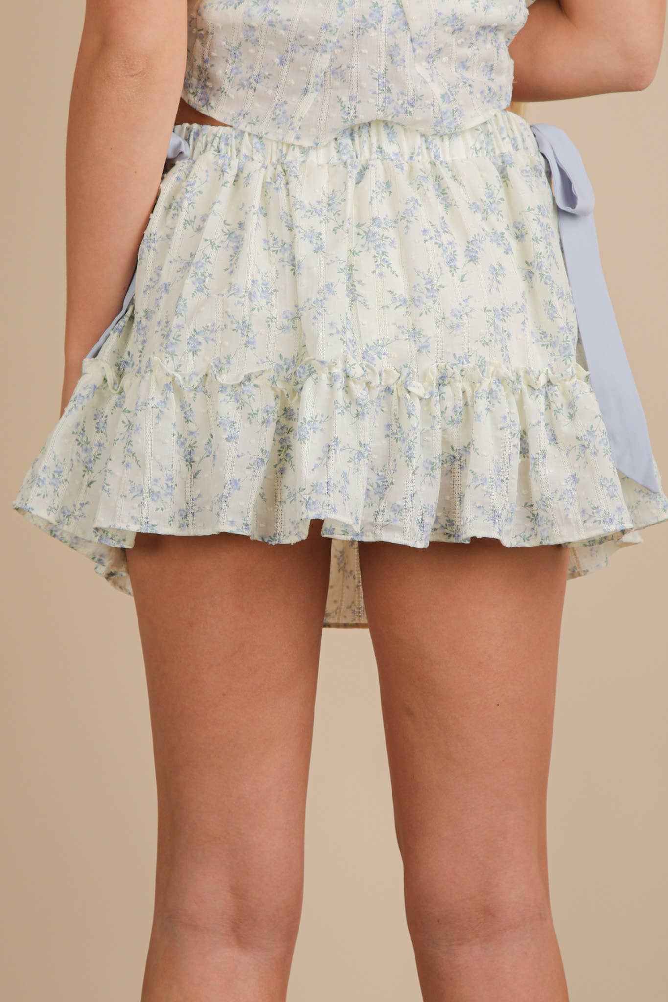 Floral Print Side Bow Mini Skort w Deep V Bow Tie Top Set