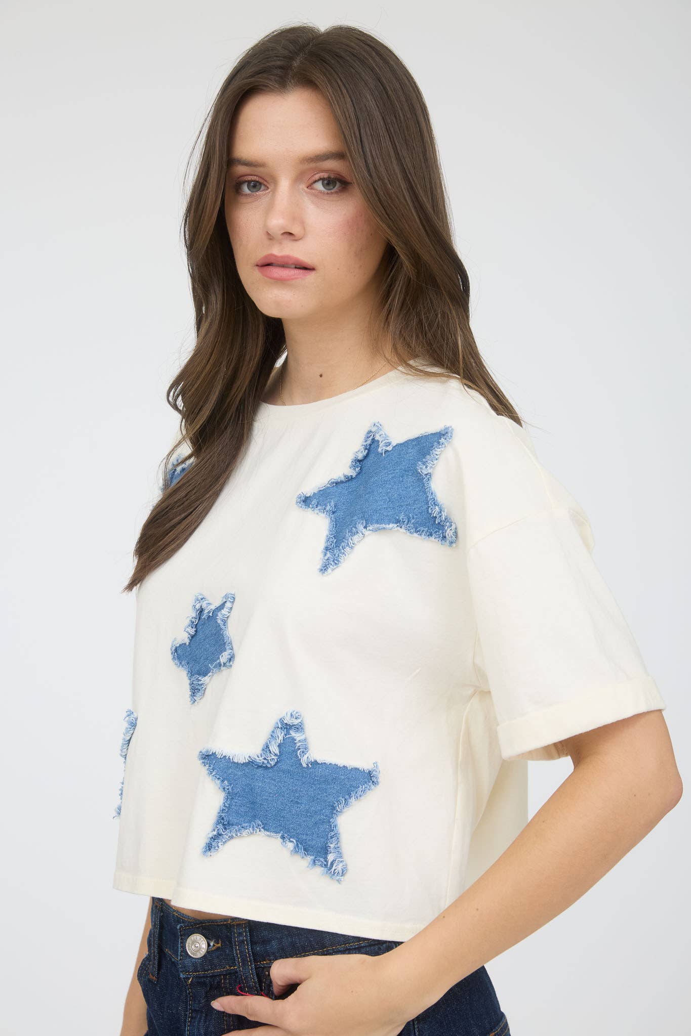 DENIM STAR PATCH SHORT SLEEVE KNIT T-SHIRT: NAVY