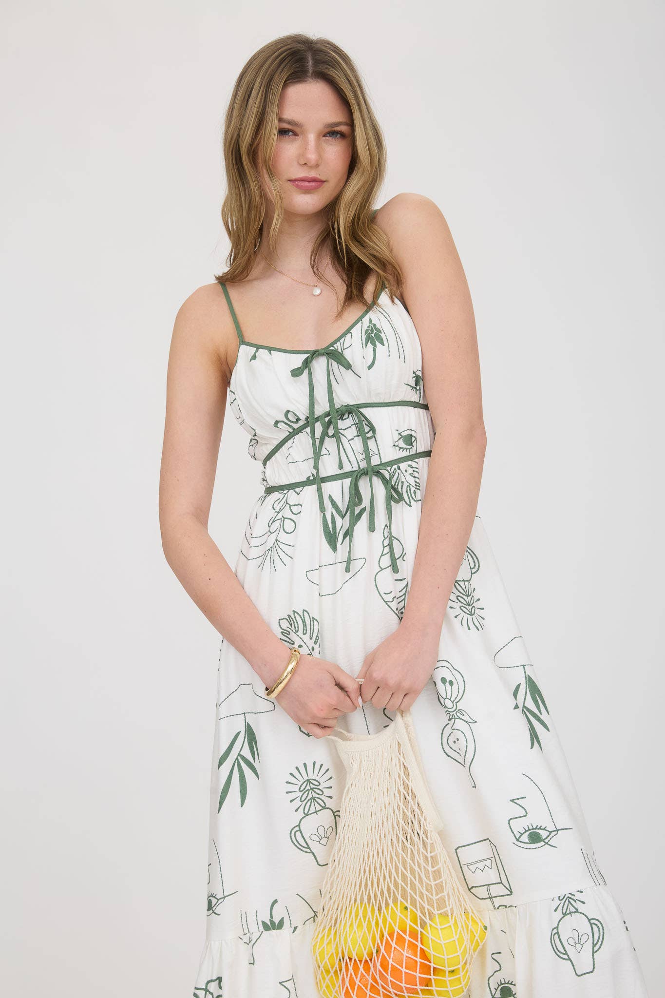 DOODLE LINE PRINT FRONT TIE DETAIL MIDI DRESS: MOSS GREEN