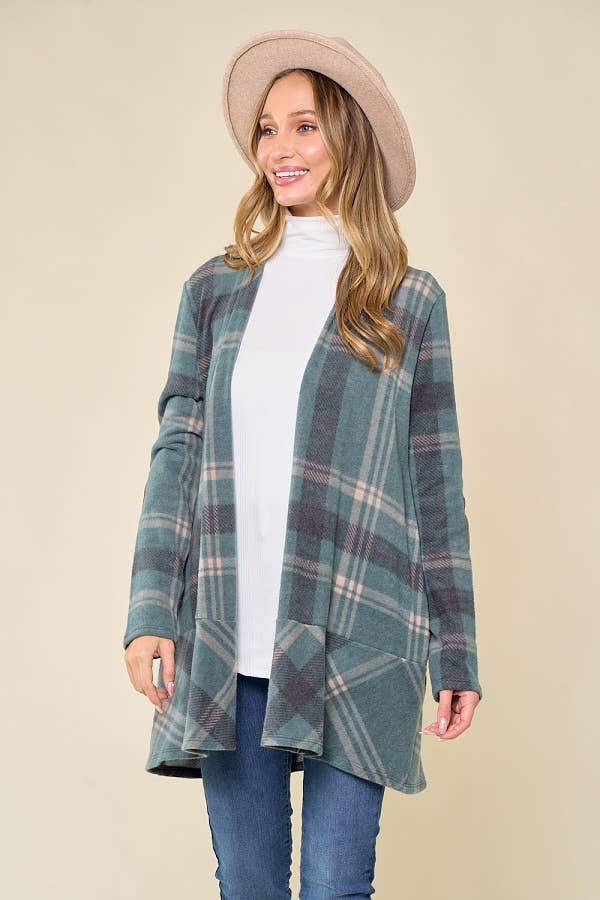 Plaid Hacci Cardi w Suede Elbow Patches