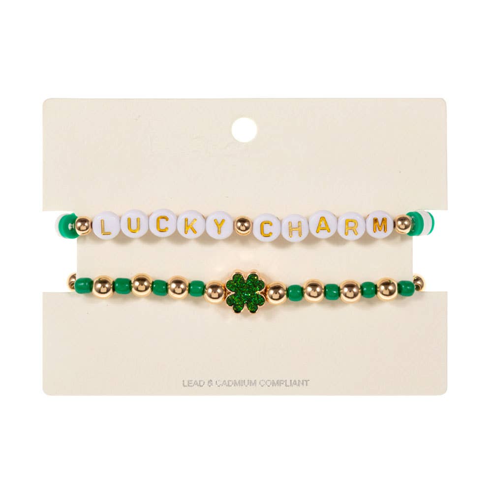 St Patricks Day LUCK CHARM Message Shamrock Heishi Beaded Stretch Multi Layered Bracelets