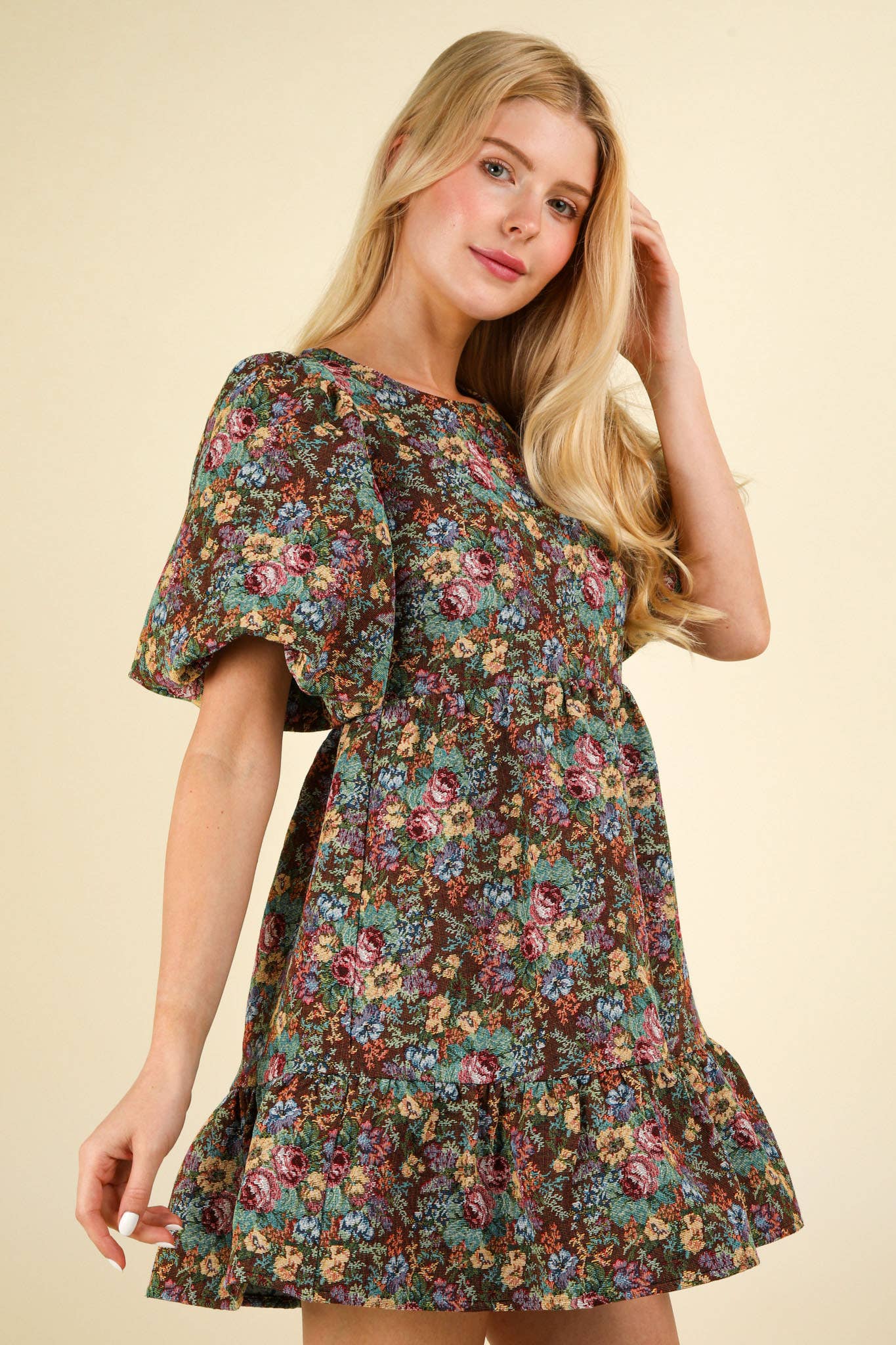 Floral Jacquard Fabric Mini Dress