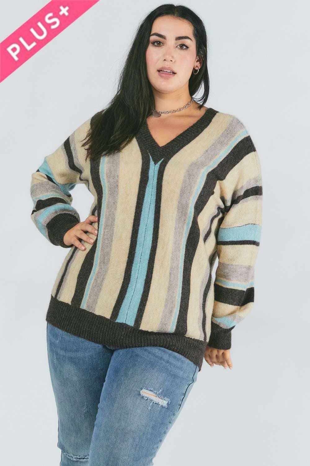 PLUS STRIPED V NECK SWEATER