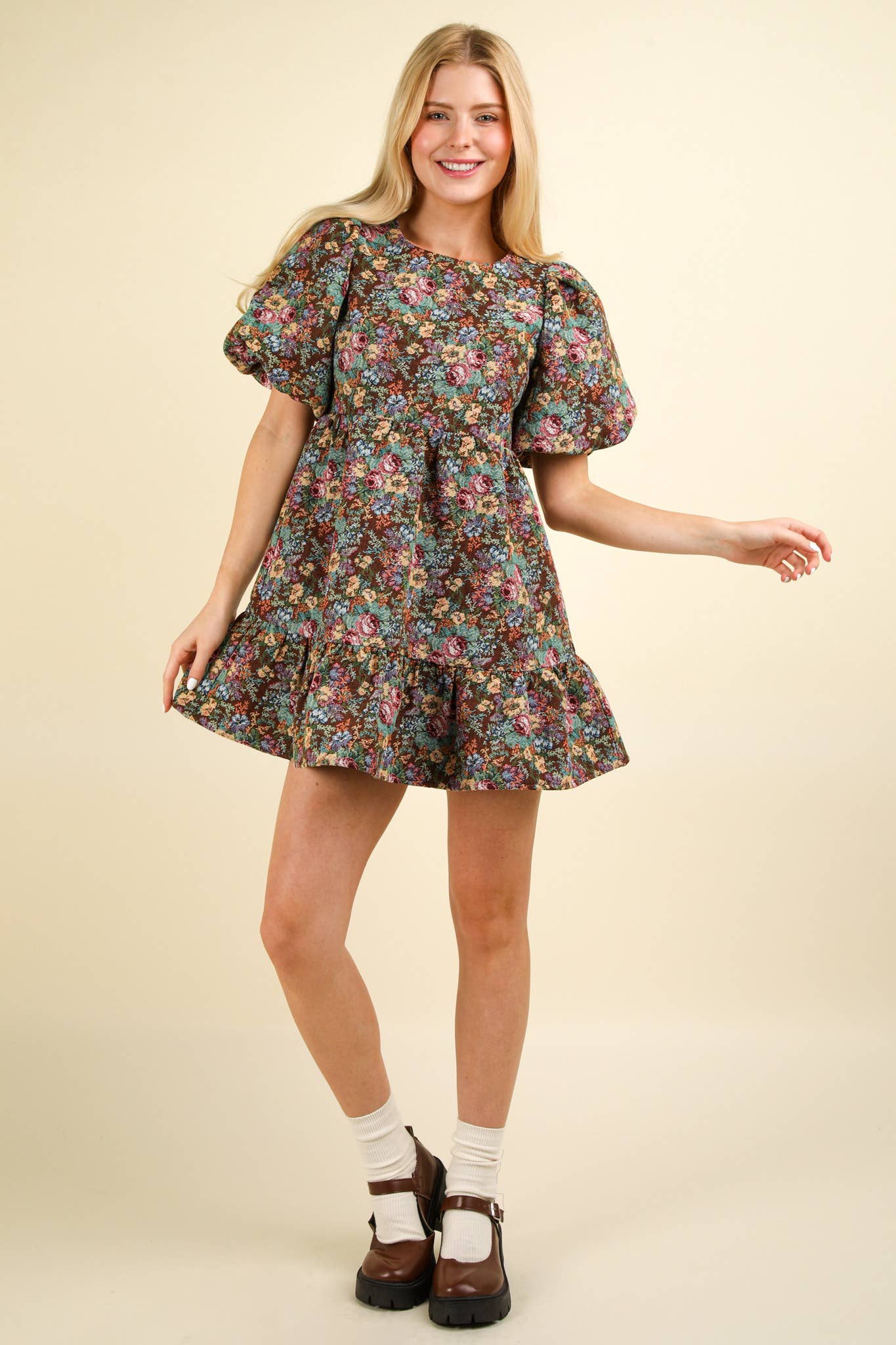 Floral Jacquard Fabric Mini Dress