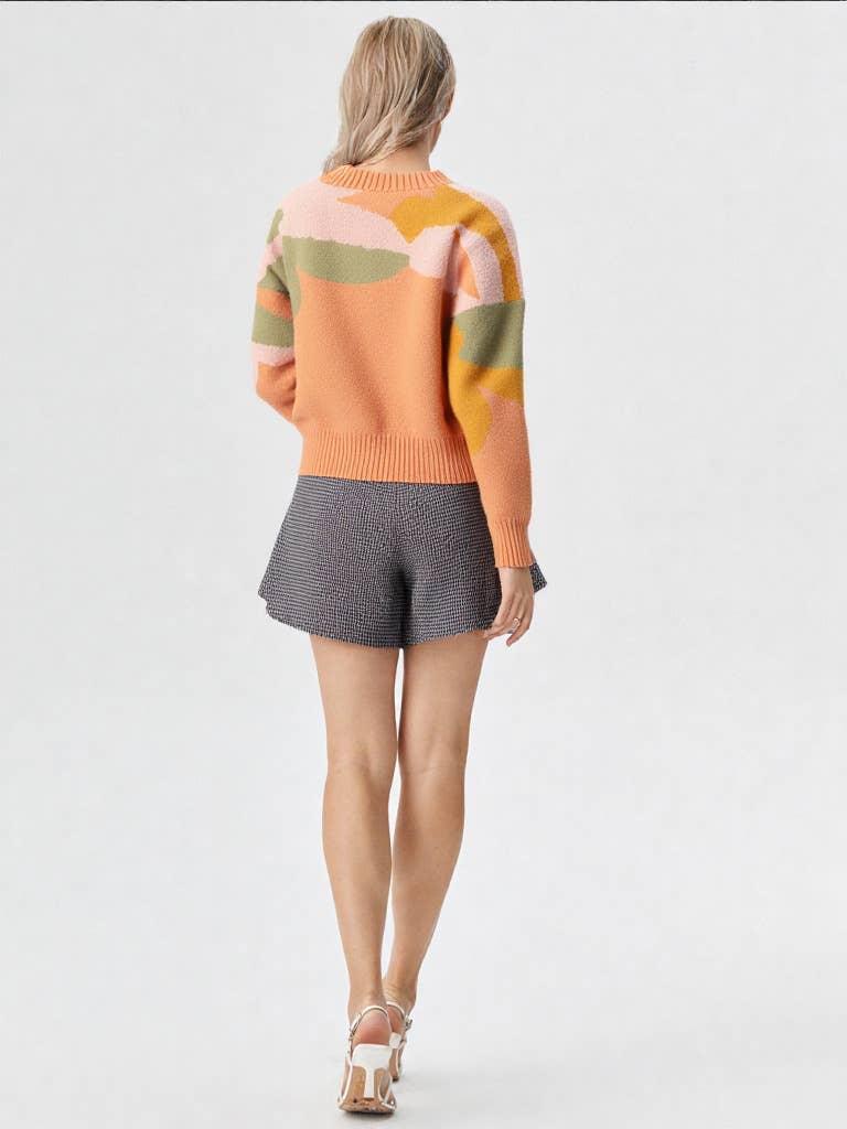 Floral Pattern Pullover Knit Sweater Top: Orange