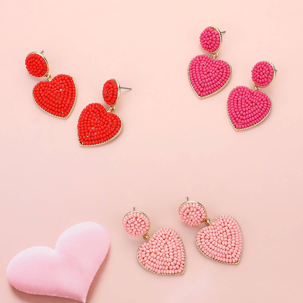 Seed Beaded Heart Dangle Earrings