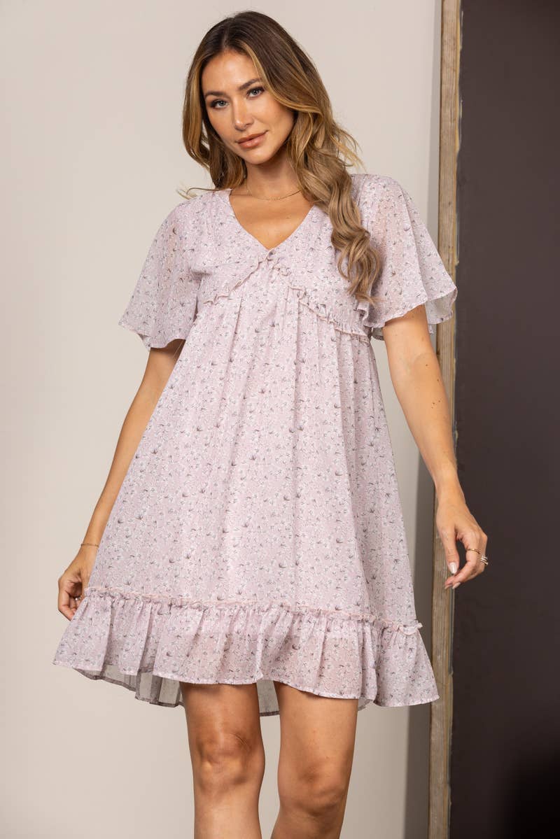 BLUSH CHIFFON FLORAL BELL SLEEVES RUFFLED MINI DRESS