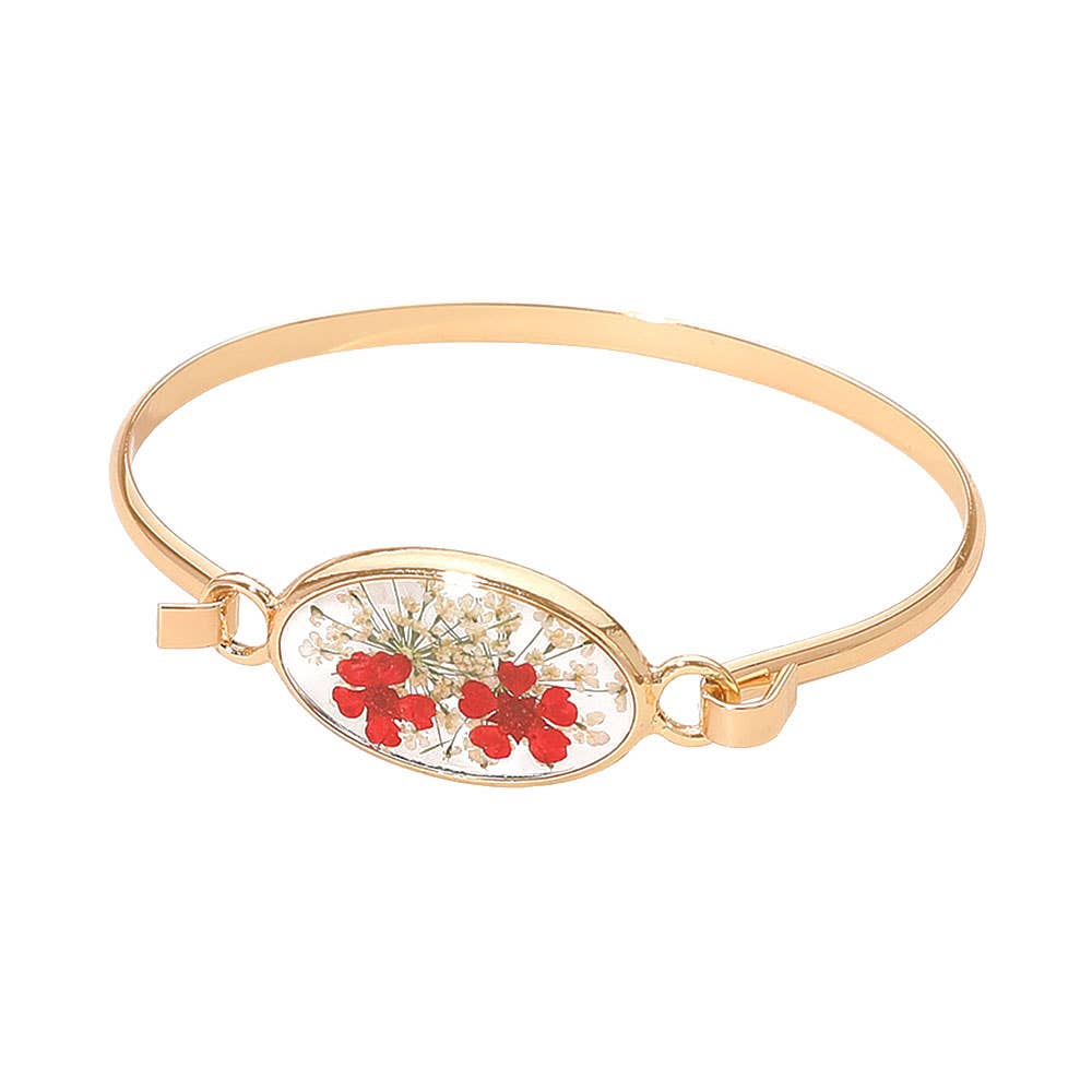Floral Encased Oval Accent Bangle Bracelet: Gold,White