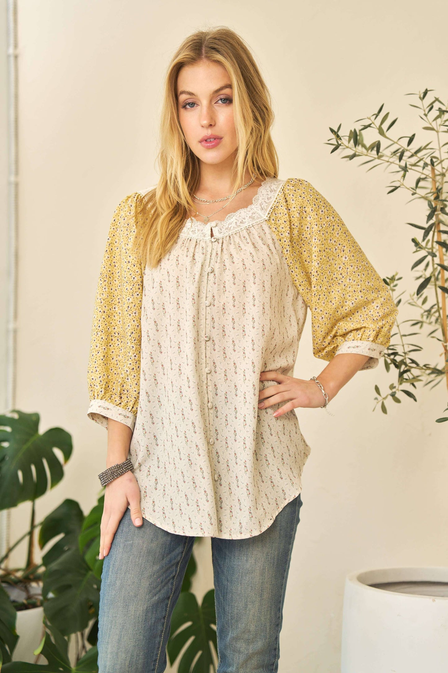 PLUS FLORAL PRINTED BUTTON DOWN LOOSE TOP