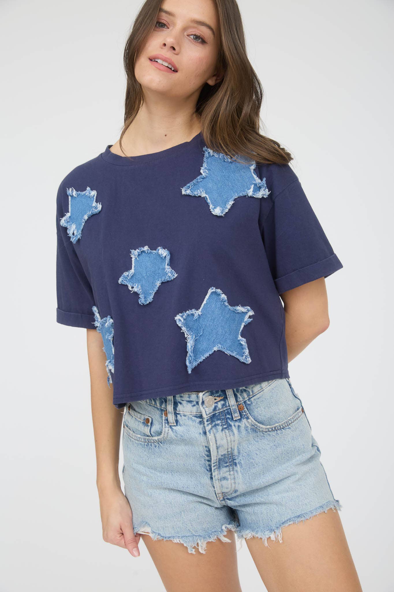 DENIM STAR PATCH SHORT SLEEVE KNIT T-SHIRT: NAVY