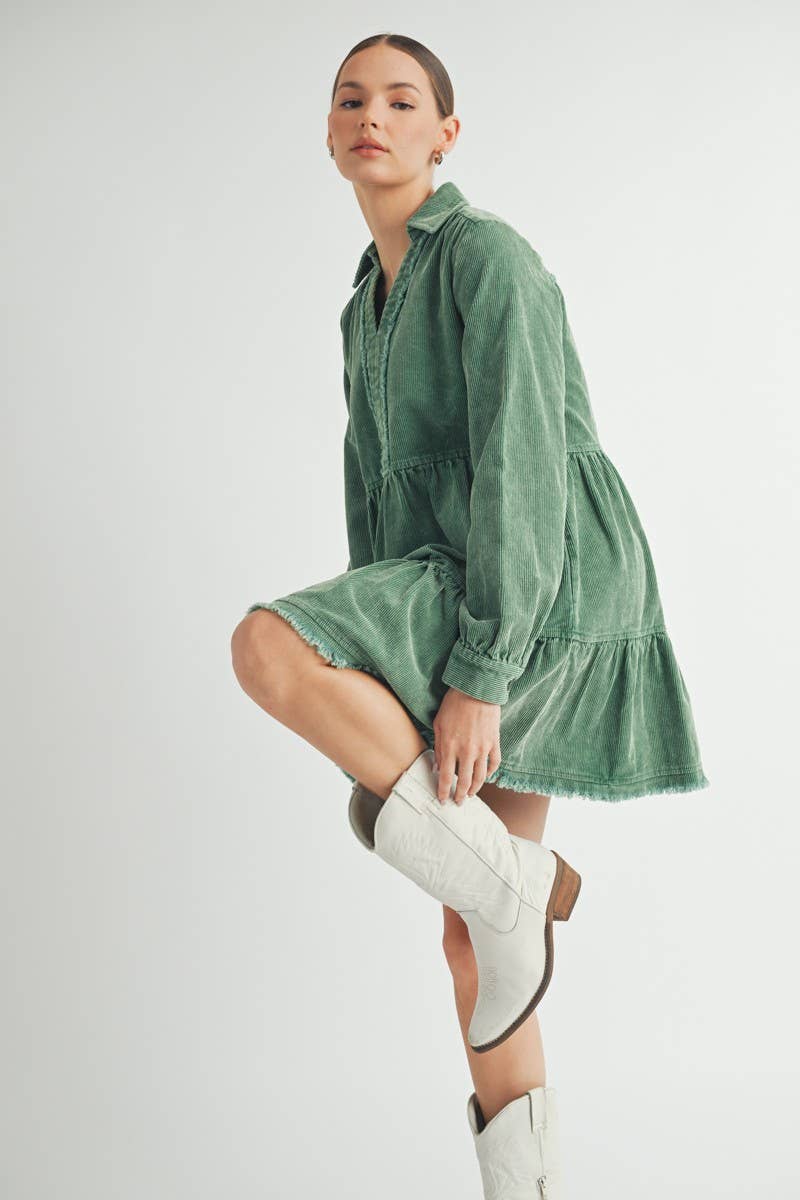 Mineral Wash Corduroy Tiered Dress