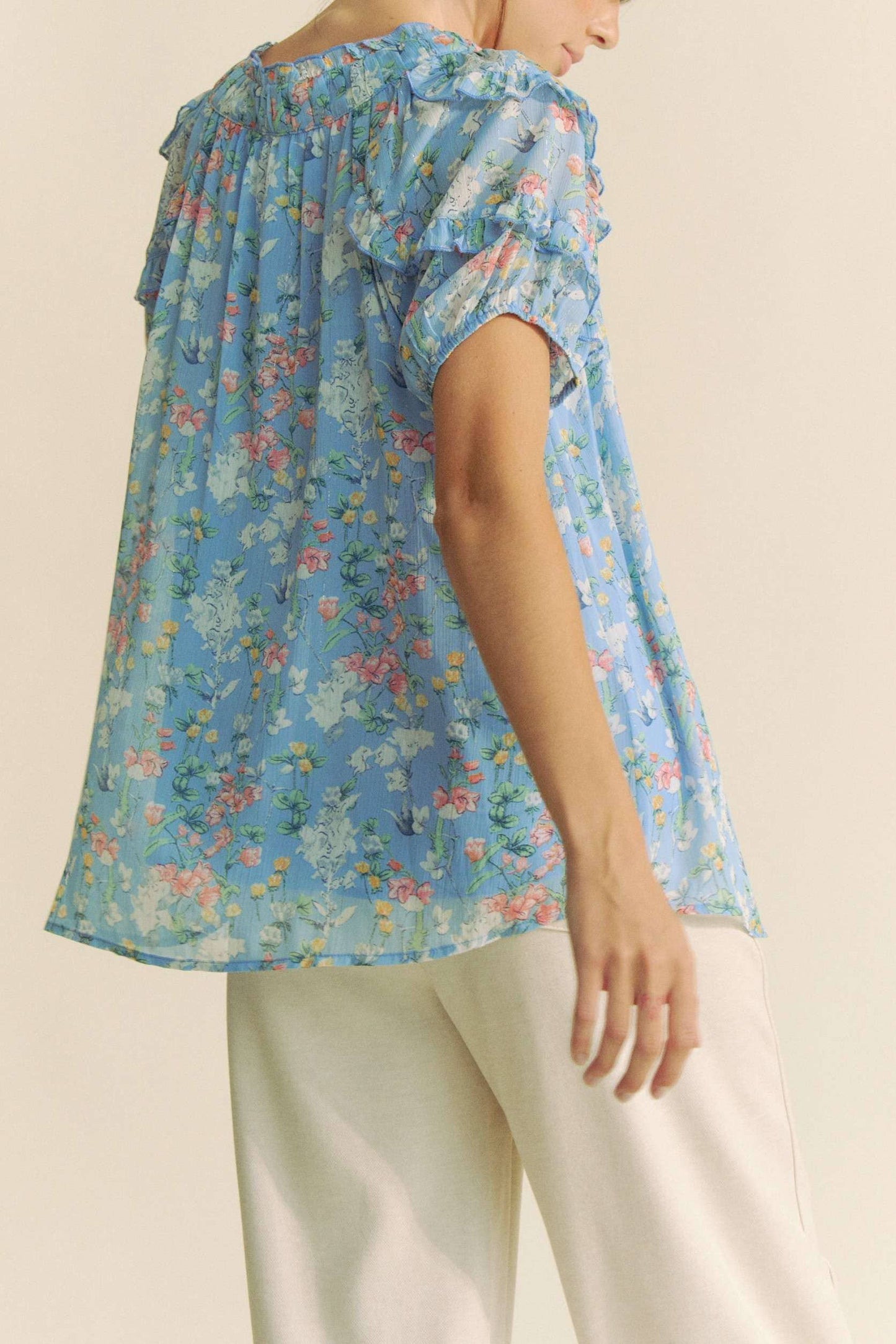 PRINTED RUFFLE SHORT SLEEVE TOP