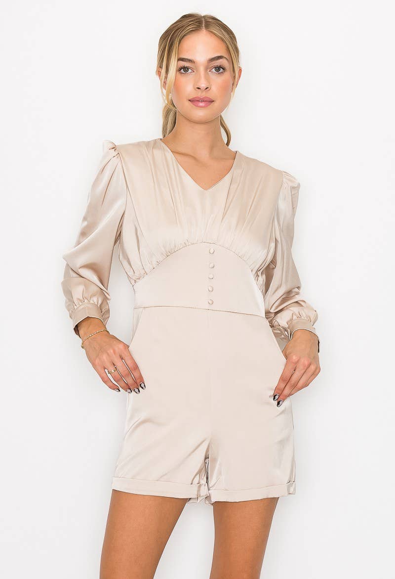 Button Detail Long Sleeve Romper: Champagne