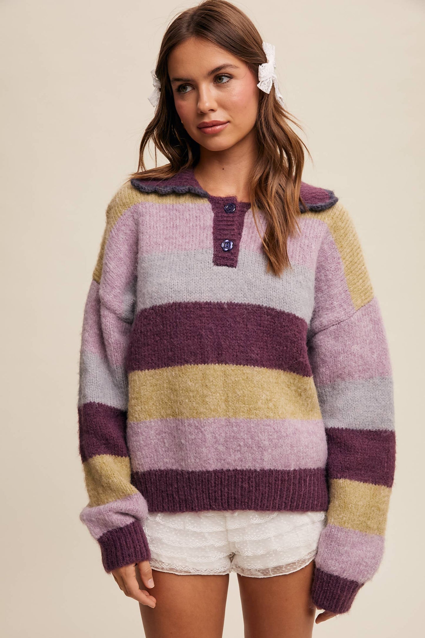 Striped Fuzzy Polo Sweater Redbean Multi