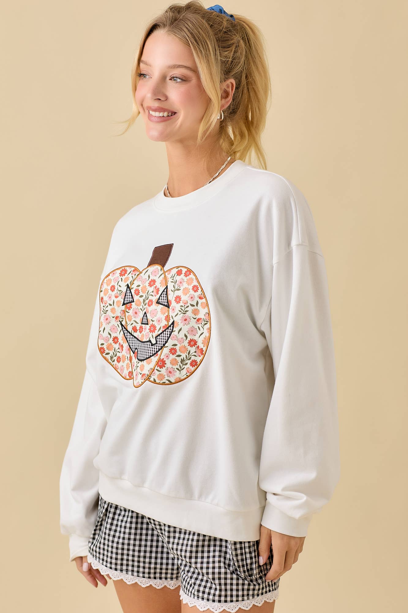 Crewneck With Floral Printed Pumpkin Patchwork