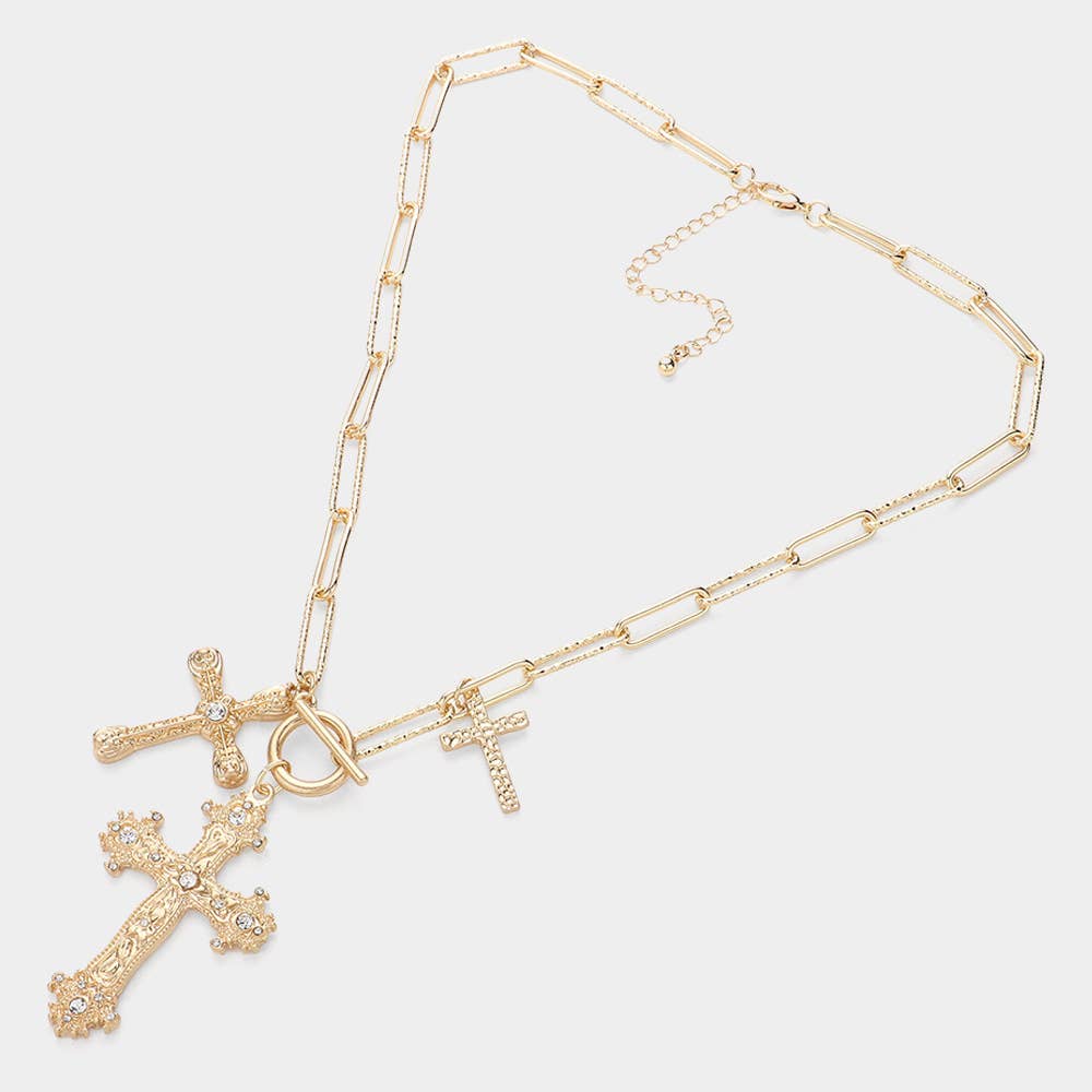 Stone Paved Metal Cross Charms Paperclip Chain Necklace: Gold