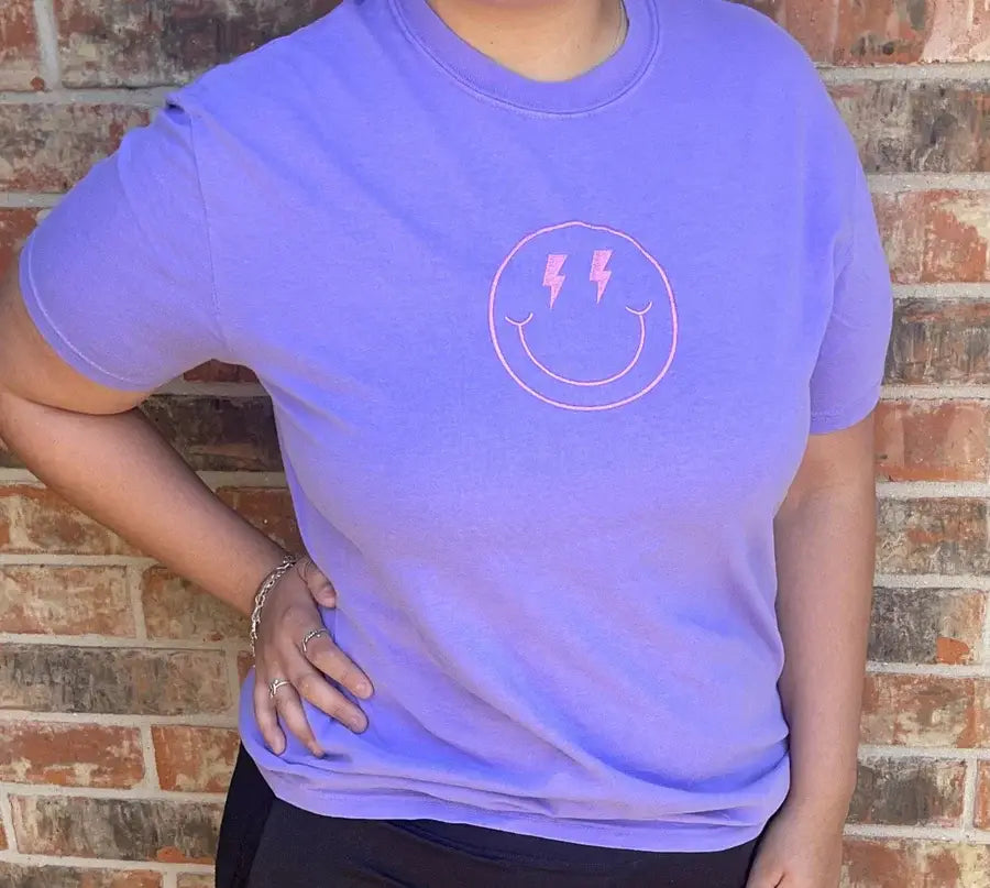 Smiley (Embroidered T-Shirt): Comfort Colors Orchid