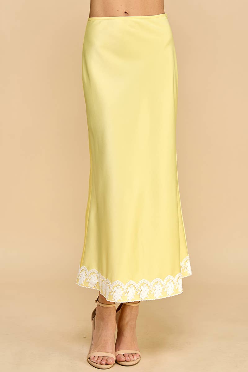 Satin Lace Hem Side Zipper Midi Skirt: Yellow