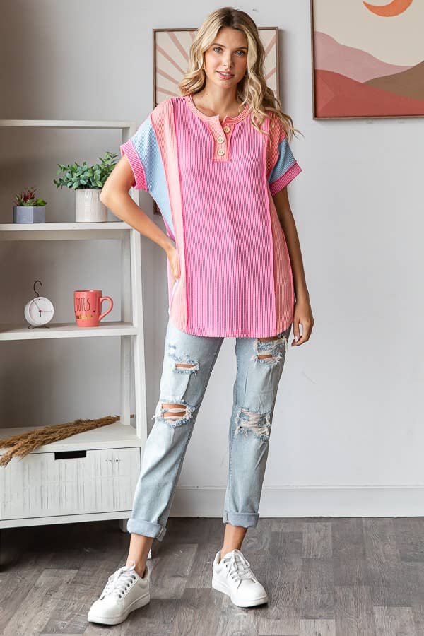 Women's Twist Rib Color Block Knit Top T5498: Pink / S