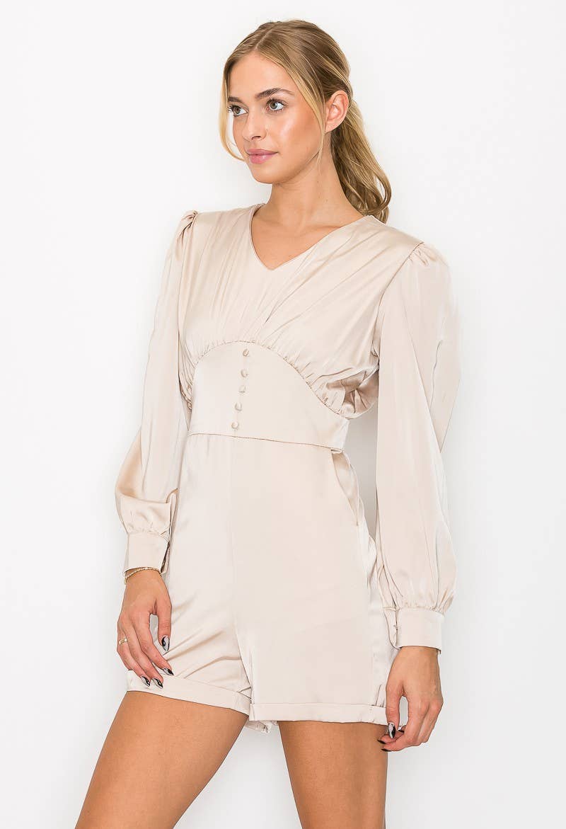 Button Detail Long Sleeve Romper: Champagne