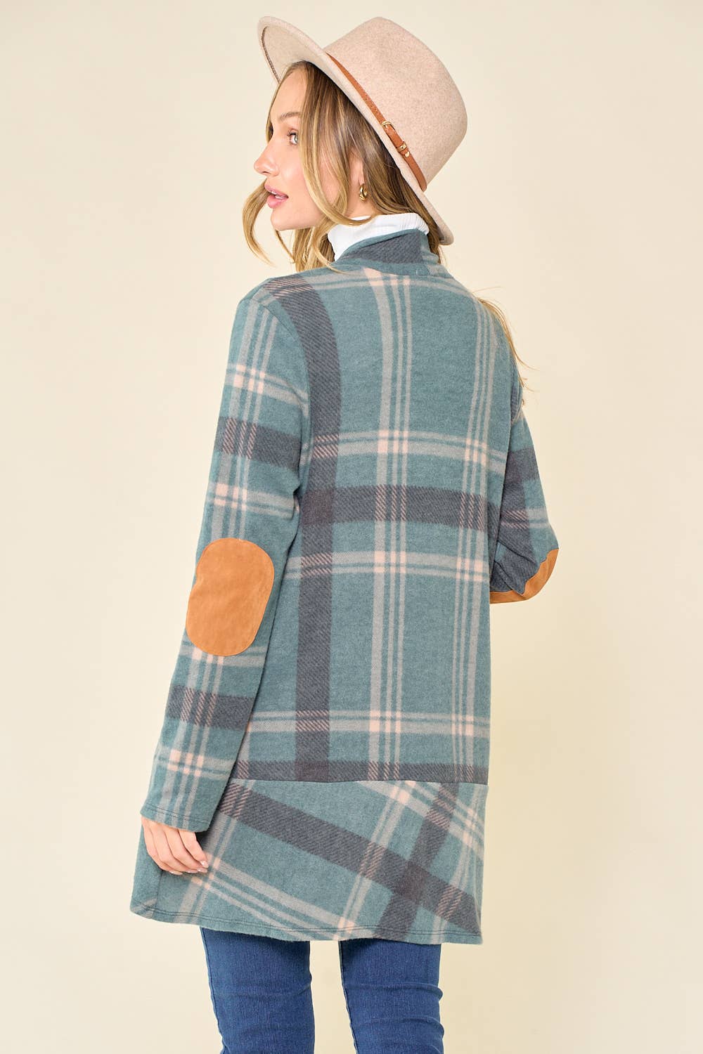 Plaid Hacci Cardi w Suede Elbow Patches